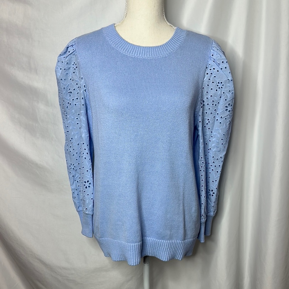 LOFT Periwinkle Blue Puff Slave Cut Out Textured Crew Neck Sweater 100% Cotton